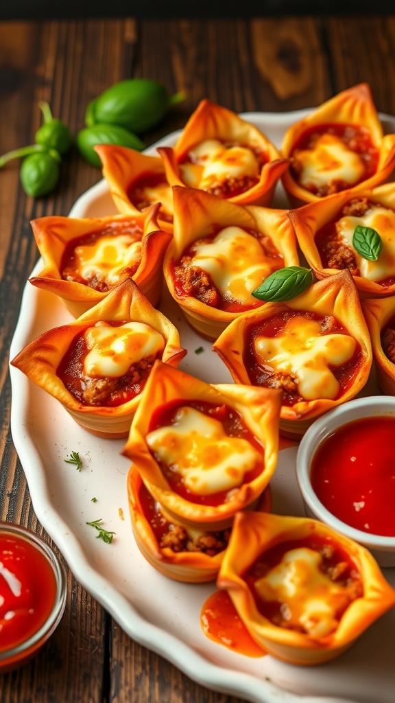 Delicious lasagna cups filled with meat sauce and cheeses, garnished with basil, on a wooden table.
